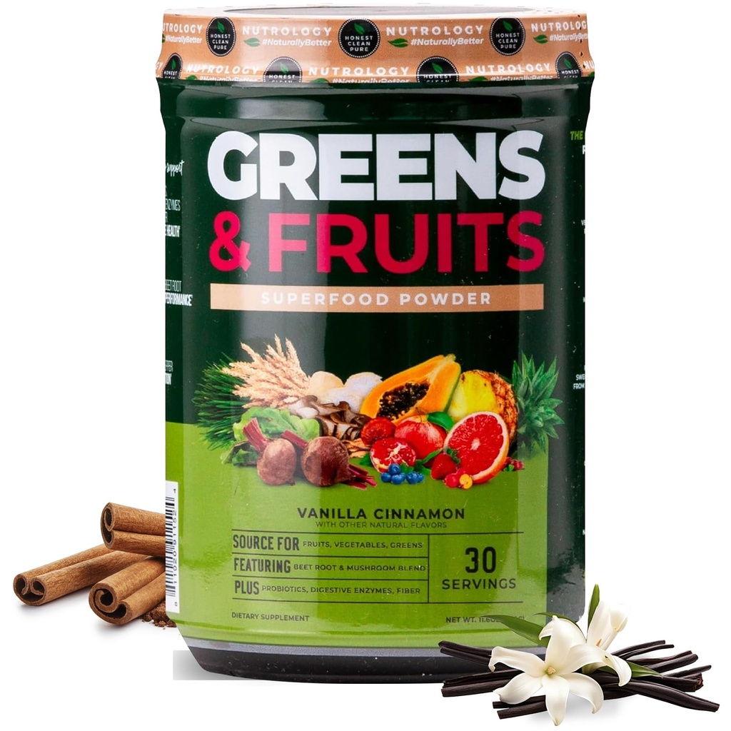 Nutrology Green & Fruits Powder- Přirozeně sourced Superfood, Beet Powder, Houbová směs, Probiotika, Digestivní Enzymy, Vlákna, Antioxidanty, Imunitní podpora, Gluten Free - Vanilla Skořice