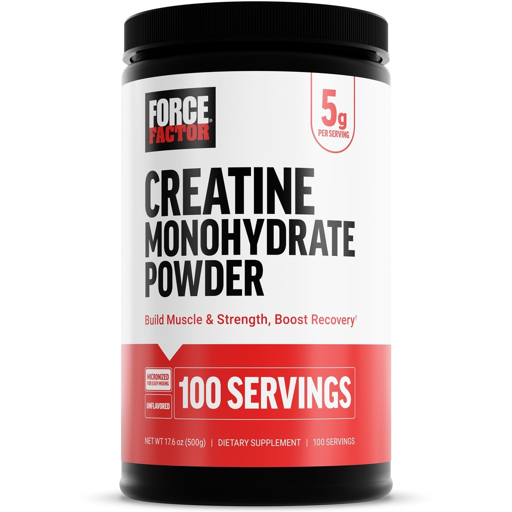Force faktor kreatin monohydrát Mikronizovaný prášek 500G, 5g Dávka na podporu růstu svalů, síla, zotavení, kognitivní zdraví & paměť, Neochucené, 100 Služeb, 17.6 Oz