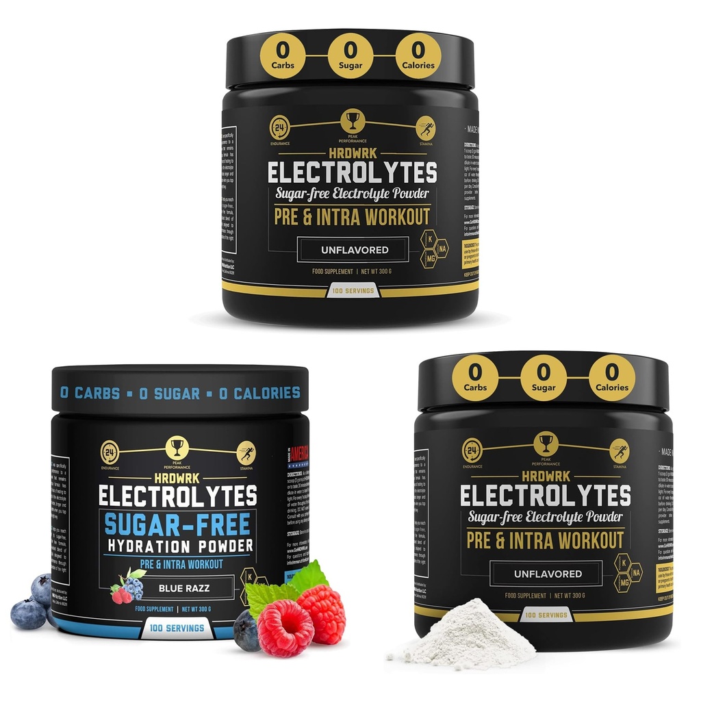 HRDWRK - 100 Servings Keto Electrolytes Powder Hydration Sugar Free - Electrolyte Powder to Boost Endurance & Reduce Únava s Electrolyty Dodatek (Neochucená sada 2 & Blue Razz)