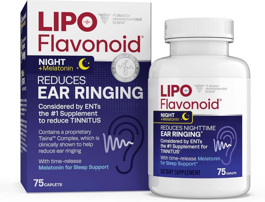 Lipo- Flavonoid Nighttime PM for Tinnitus Relief - Sleep Aid with Melatonin, Bioflavonoids, & Vitamin C - Zvonění v uších, Ušní zdraví, & Relaxace - Použití s Lipo- Flavonoid Plus - 75 Kaplety