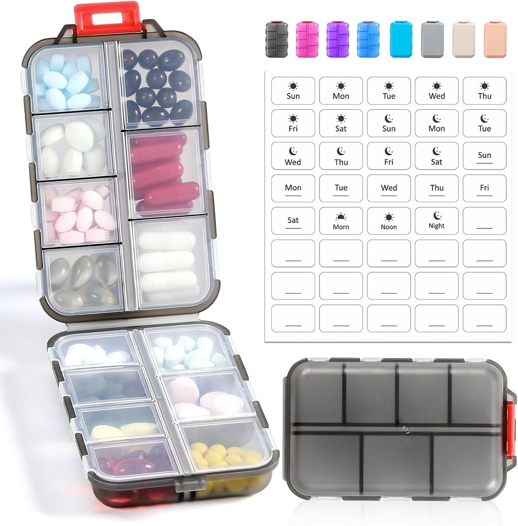 14 GRIDS Travel Pill Organizer Box s etiketami - Cestovní medicína Kit - Pocket Daily Pharmacy Container - Travel Medication Holder Disperser for Fish Oil vitamin Supplement Storage - Clear Gray