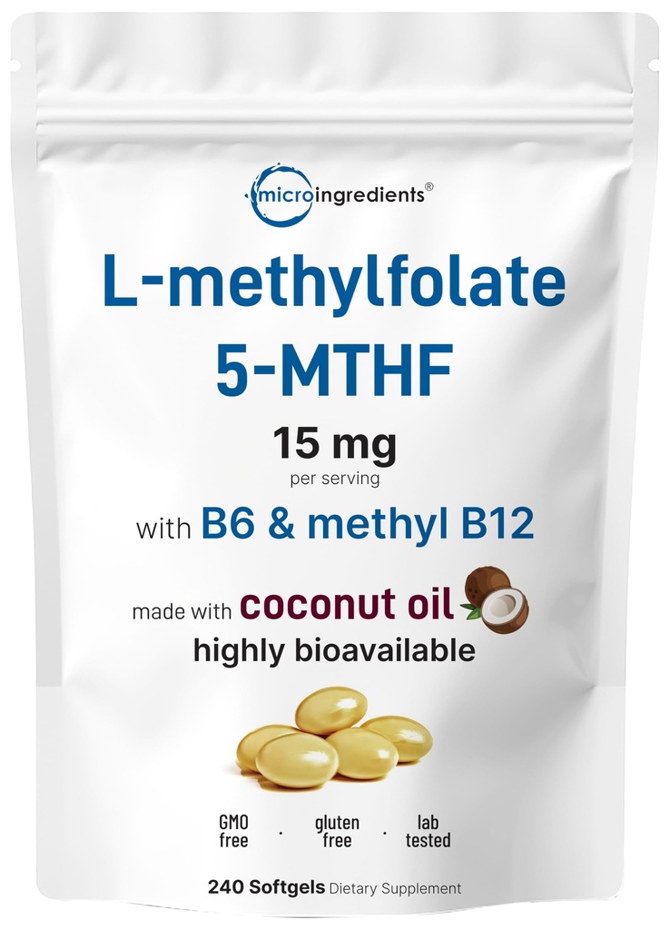 Micro Ingredients L Methylfolát 15 mg, 240 Softgels PHAR124; Active 5-MTHF with B6 & Methyl B12 PHAR124; Methylovaný vitamin B9 with Coconut Oil