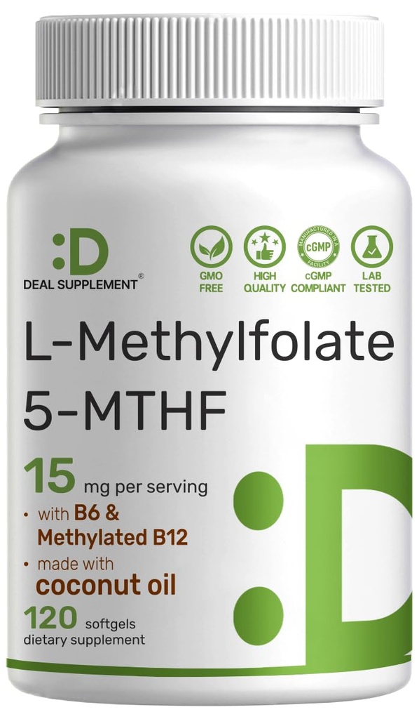 DEAL SUPPLMENT L- methylfolát 15 mg Per Serving, 120 Coconut Oil Softgels CLAS124; 3- in-1 s aktivním 5- MTHF methylovaným vitaminem B9, B6 & Methylovaný B12 CLAS124; aktivní doplněk folátu CLAS124; Non- GMO, gluten zdarma