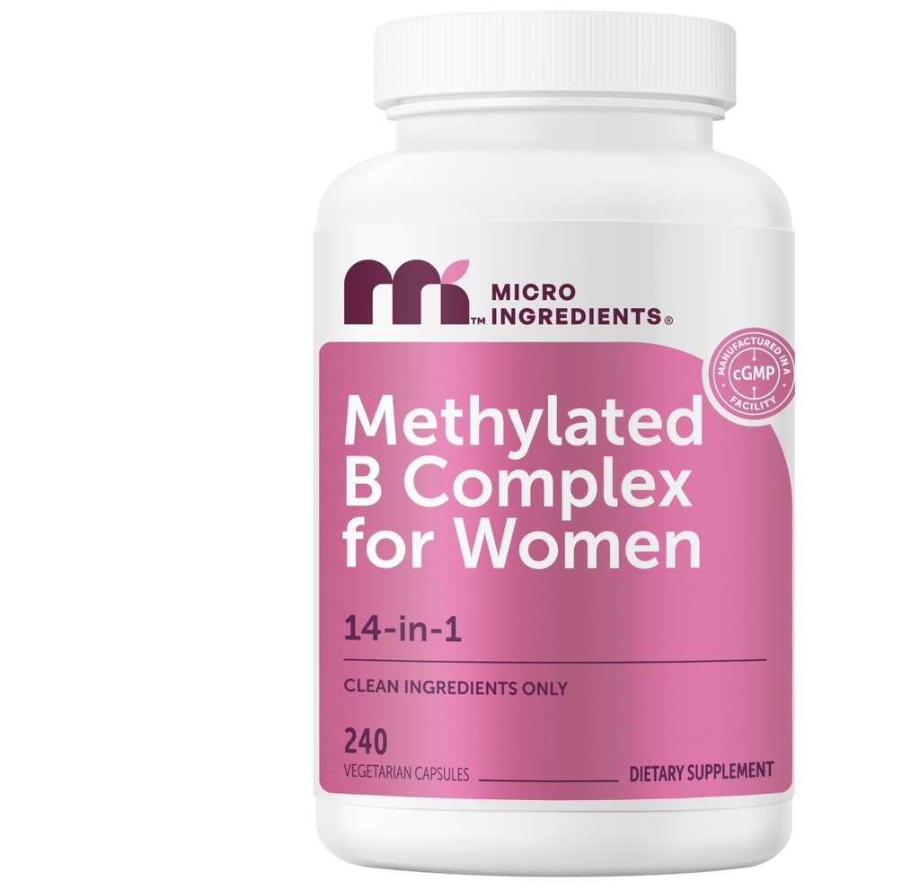 Micro Ingredience Methylovaný B komplex pro ženy, 240 Vegetariánských kapslí 1 4; Activated B Vitamíny s methylfolátem, methyl B12, DIM & Inositol Complex 124; 14- in-1 Bioactive B Vitamin Formule