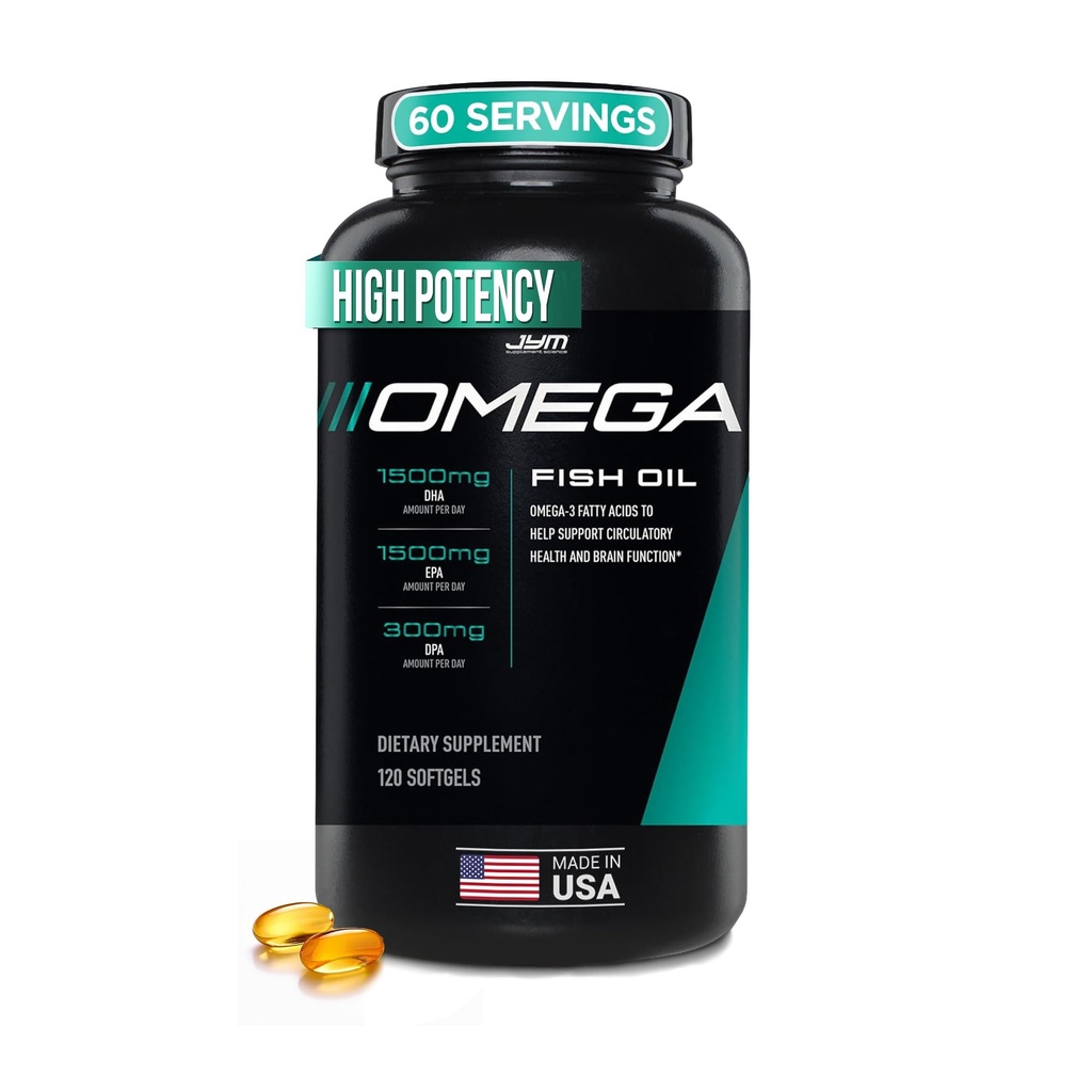 JYM dodatek věda Omega JYM Fish Oil 2800mg, High potency Omega 3, EPA, DHA, DPA pro mozek, srdce, a společná podpora 120 měkkých gelů