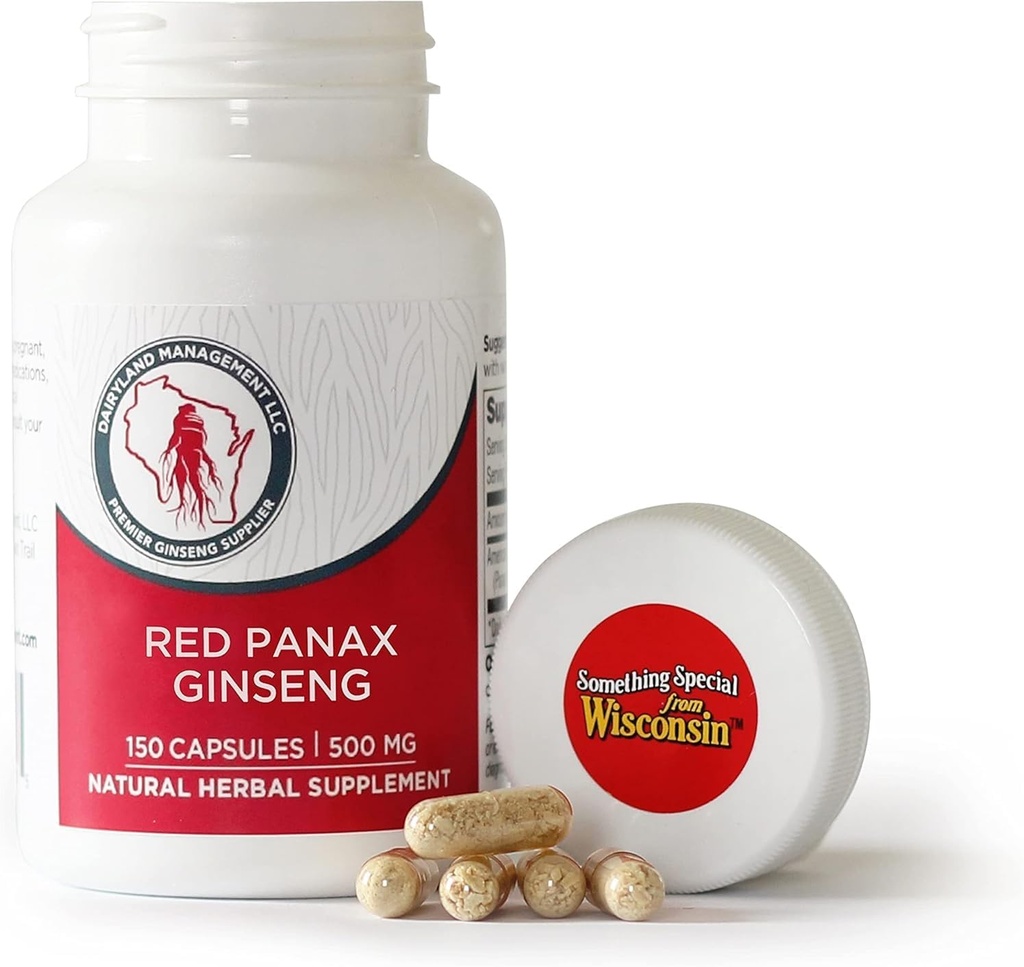 Dairyland Management LLC 100% Authentic Korean Red Panax Ginseng Kapsle -500 mg. Potenciální pozemní Ginseng Root Extract Powder - No Fillers, pojiva nebo jiné přísady. (150 ct)