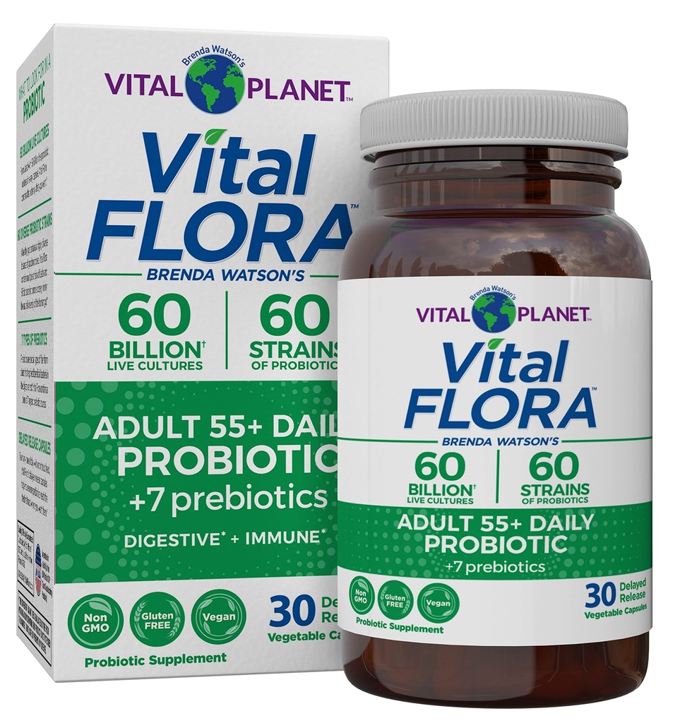 Vital Planet - Vital Flora Dospělí Více než 50 Denní Probiotic 60 Milionů CFU, 60 Diverse Straines, 7 Organic Prebiotics, Imunitní podpora, plyn, Digestivní zdraví Probiotika pro ženy a muže, 30 Kapsle