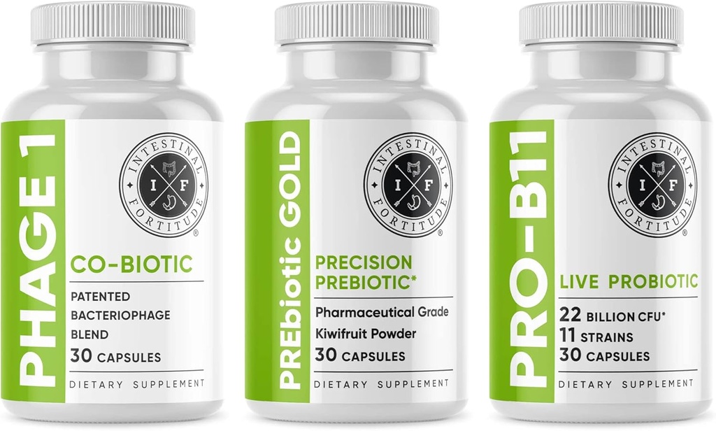 Střevní pevnost Gut doplněk zdraví Bundle - PREbiotic Gold, PRO-B11, Phage 1 - w / Gold Kiwifruit Pectin, SCFA, a 22 Milion CFU pro podporu mikrobiomů, gluten, Soy, & Dairy- Free Kapsle