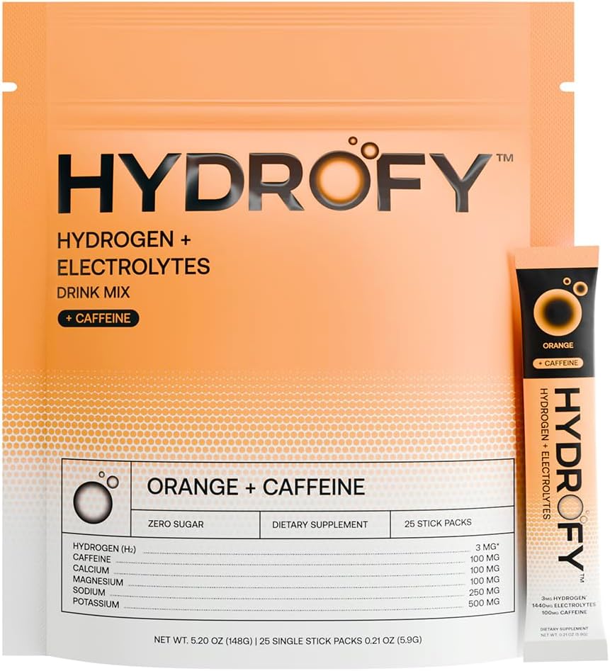Hydrogenovaná voda + Electrolytes Drink Mix 124; H2 Hydratační balíčky s molekulárním vodíkem, sodík, draslík, hořčík, vápník a minerály 124; No Cukr 124; Orange + kofein 25 ct