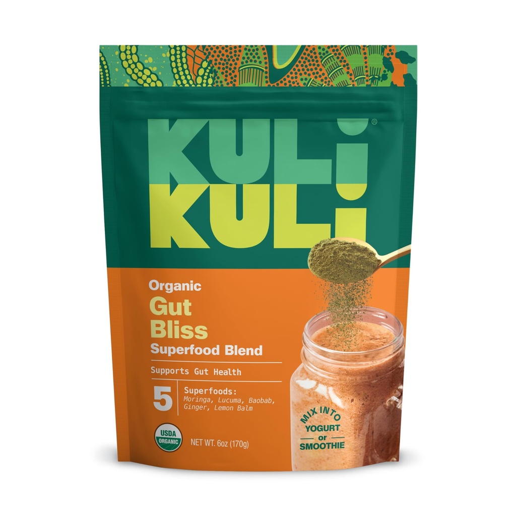 Kuli Kuli Gut Bliss Superfood Powder [6 oz] - Mocná směs organické Moringa, Baobab, Lucuma, Ginger a Lemon Balm - Podpora trávení, Soothe Žaludek a Boost Gut zdraví