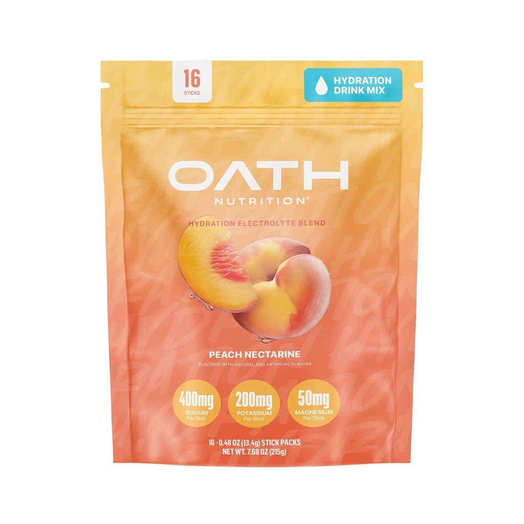 Oath Nutrition Hydration Electrolyte Powder, Complete Electrolyte Blend for Rapid Hydration and Muscle Support, 16 Single- Serve Packets, Peach Nectarine