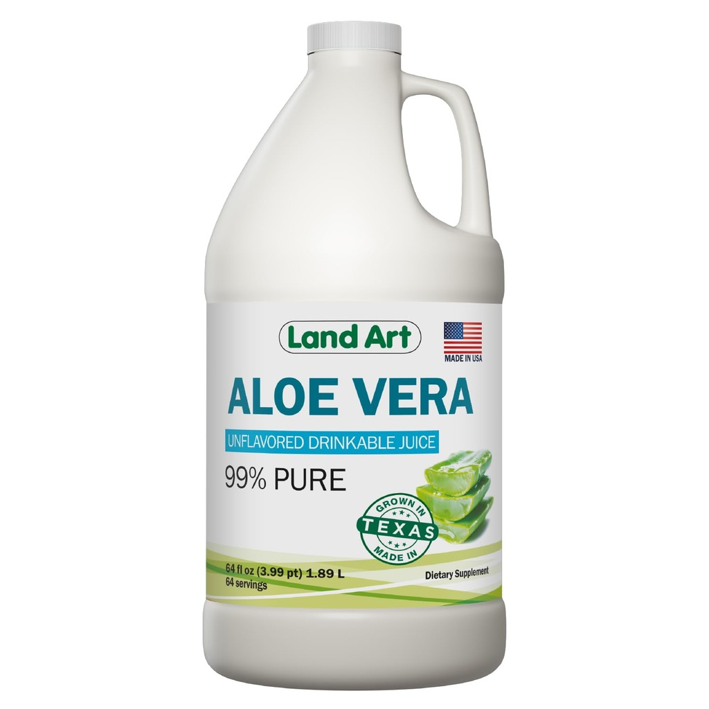 Land Art - Čistá Aloe Vera Šťáva bez příchutí - Cold- Zpracované - 99,7% Organic Aloe Vera Inner Filet from Fresh Texas Leaves - Digestive Health, Detox and Natural Wellness - 64 fl oz