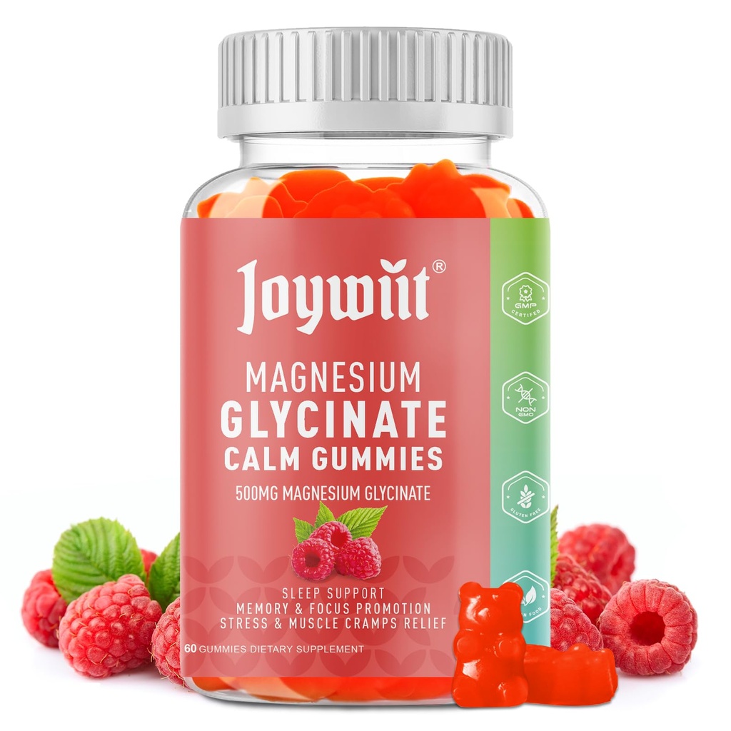 Glycinát hořečnatý Gummies 500 mg doplněk hořečnatý Gummies, Threonát 200mg, Vitamin D, B6, B12, Klidná nálada, Svalová úleva, Nerve zdraví, Kostní podpora - 60 Counts