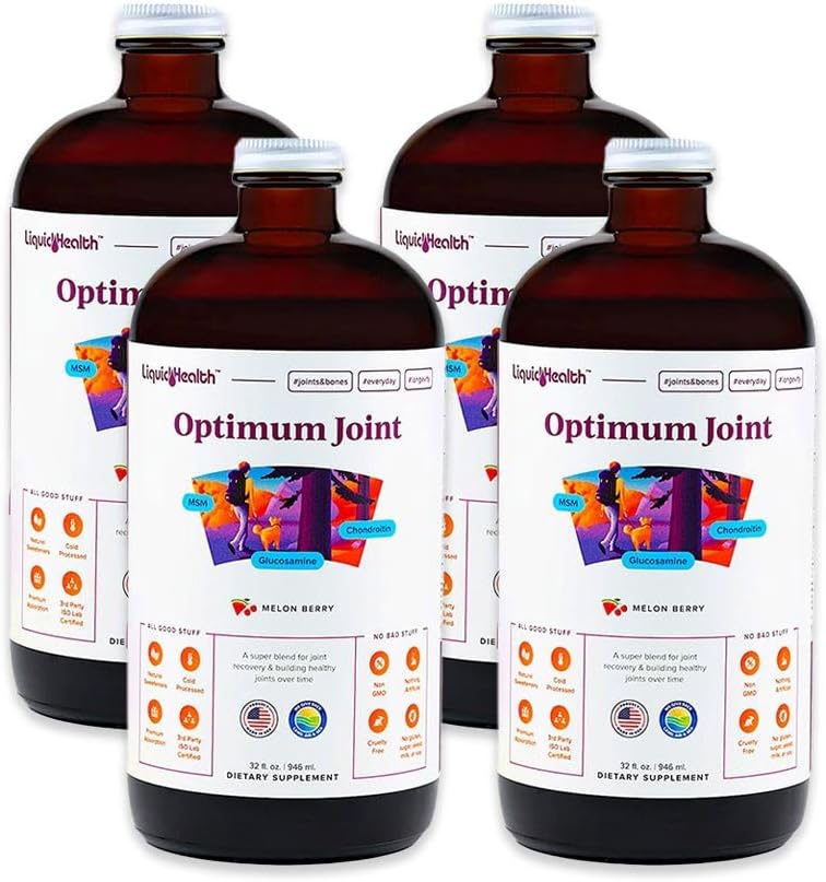 LIQUIDHELTH Optimum Joint Support Liquid Multivitamine with Glucosamine, Chondroitin, MSM, Hyaluronic acid - Increase Mobility, Joint Comfort, for Runners & Sportes - Made in USA, Vegan (4 Pack)
