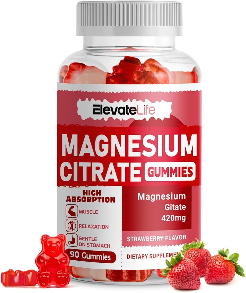 Glycinát hořečnatý Gummies 1000mg - Bezcukerný hořčík doplněk draselný s vitaminem D, B6, CoQ10 pro klidnou náladu a spánkovou podporu - 60 Jahodové gumy