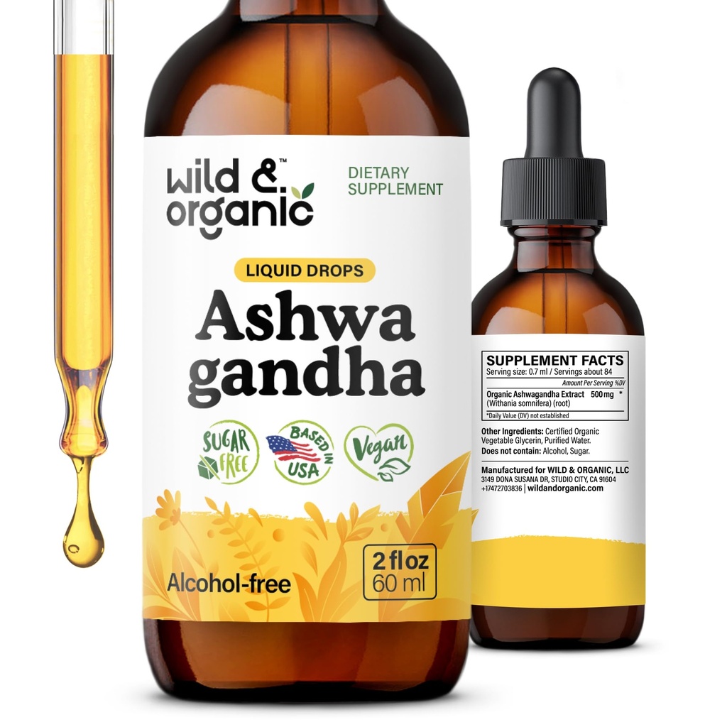Divoké a organické Ashwagandha kapalné kapky - Calming Ashwagandha Root Extract for Relaxation - 1-Month Supply - Bylinné doplňky pro ženy a muže - Vegan, cukr & Alcohol-Free tinktura - 2 fl oz