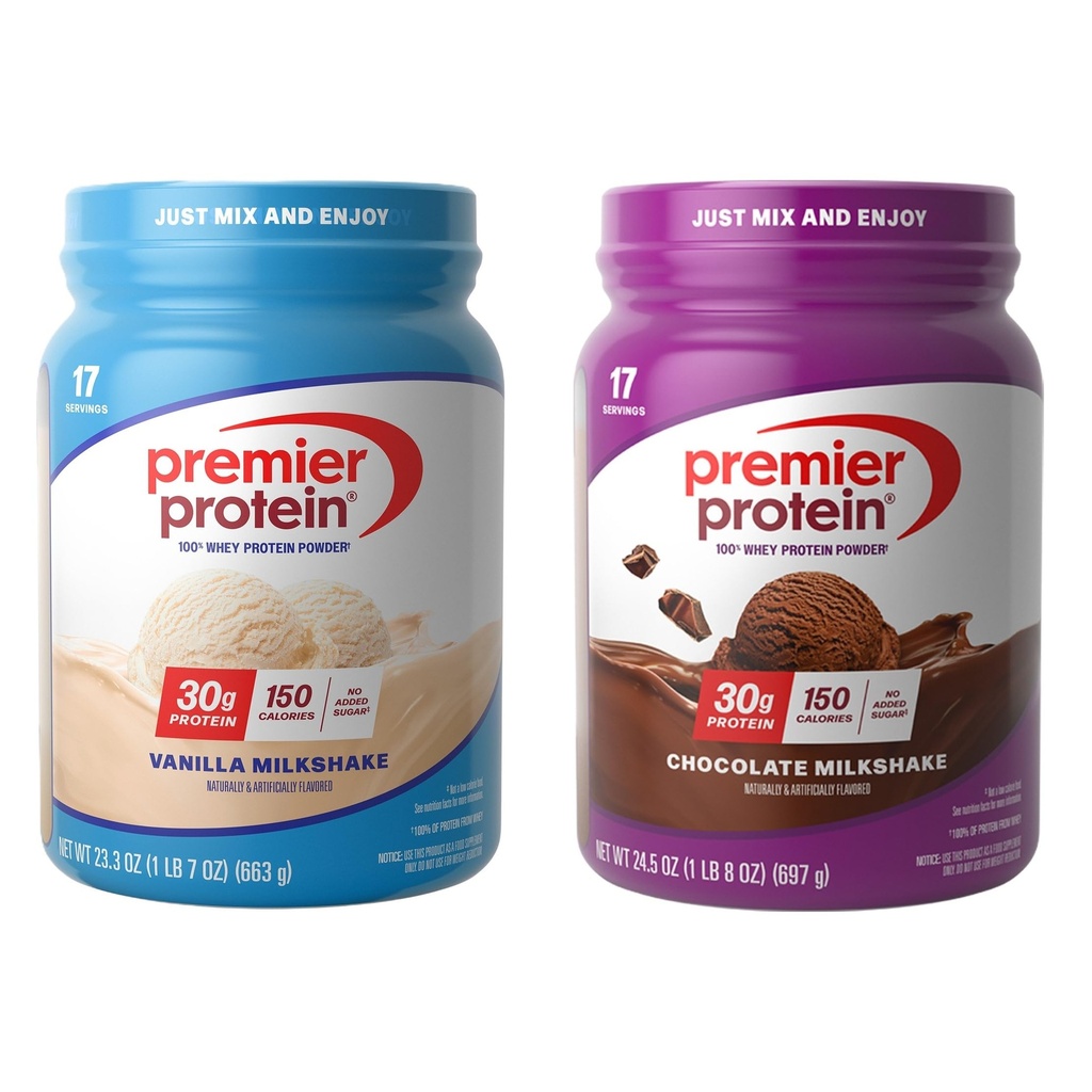 Svazek Premier Protein 100% syrovátkové sudy, čokoládový mléčný koktejl + vanilkový mléčný koktejl