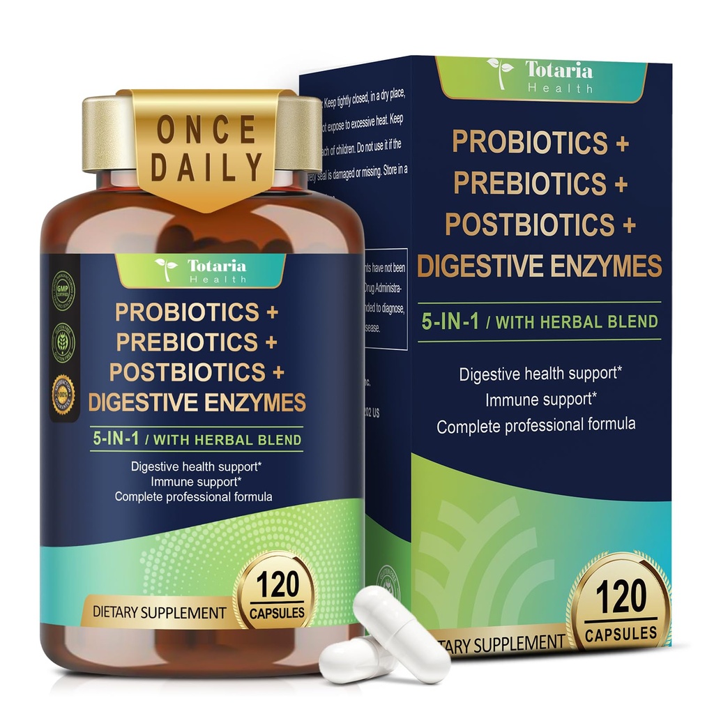 Totaria 5- in-1 60 Billion CFU Probiotická Prebiotická & Postbiotická pro ženy a muže, w / Digestive Enzymy, Slippery Elm, Denní kompletní Gut zdraví, Digestive & Imunitation Support, 4 Měsíční dodávky, Vegan