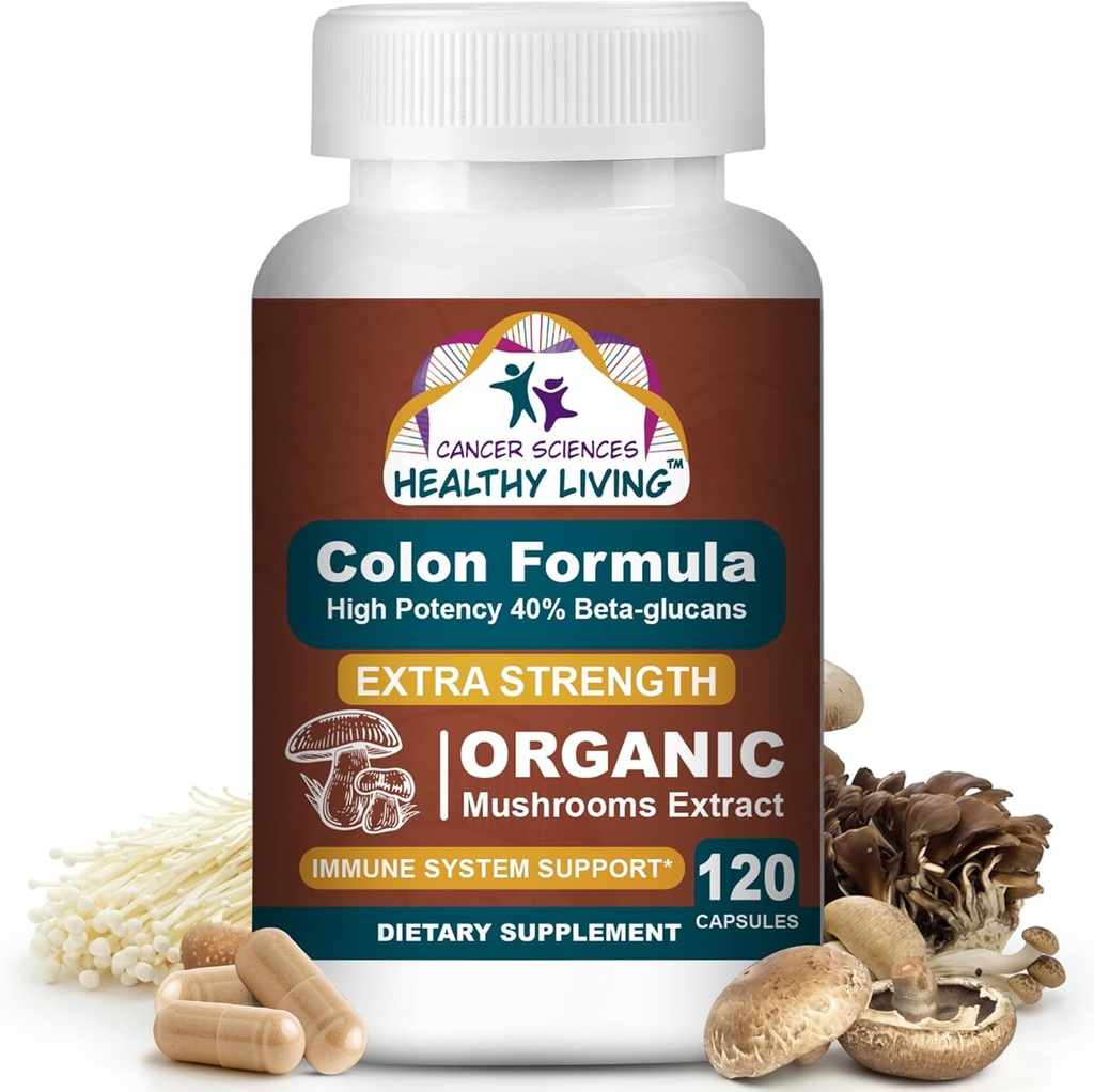Cancer Sciences Colon Wellness Supplement, USDA Certified Organic Houshums Extract, Extra Strength 1500 mg, High Potency 40% Beta- Glucans, Imunní, Gut & Digestive, Colon Cleanse & Detox, 120 Caps
