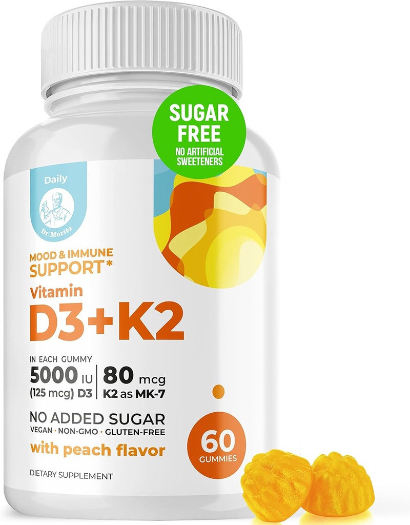 Dr. MORITZ Vitamin D3 Gummies (5000 IU) s K2 - pro dospělé a děti - Vitamin D3 K2 Gummies pro imunitní podporu a zdraví kostí - Vegan, cukr zdarma, gluten zdarma (60 Počet)