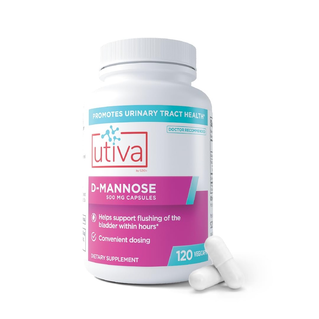 Szio + Utiva D- Mannose 500mg Kapsle - Přirozeně Flush Měchýř a močový trakt - Avokace UTI - D Mannose doplňky pro ženy - Podporuje Močové trakce léčby, 120 Kapsle
