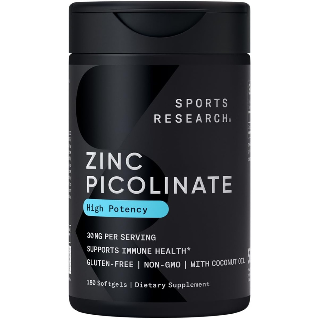 Sports Research High Potency Zinum Picolinate 30 mg s organickým kokosovým olejem 124; Vysoce absorbovatelný doplněk zinku pro zdravou imunitní a enzymovou funkci - Non- GMO Testováno & gluten- Free (180 Tequid Softgels)