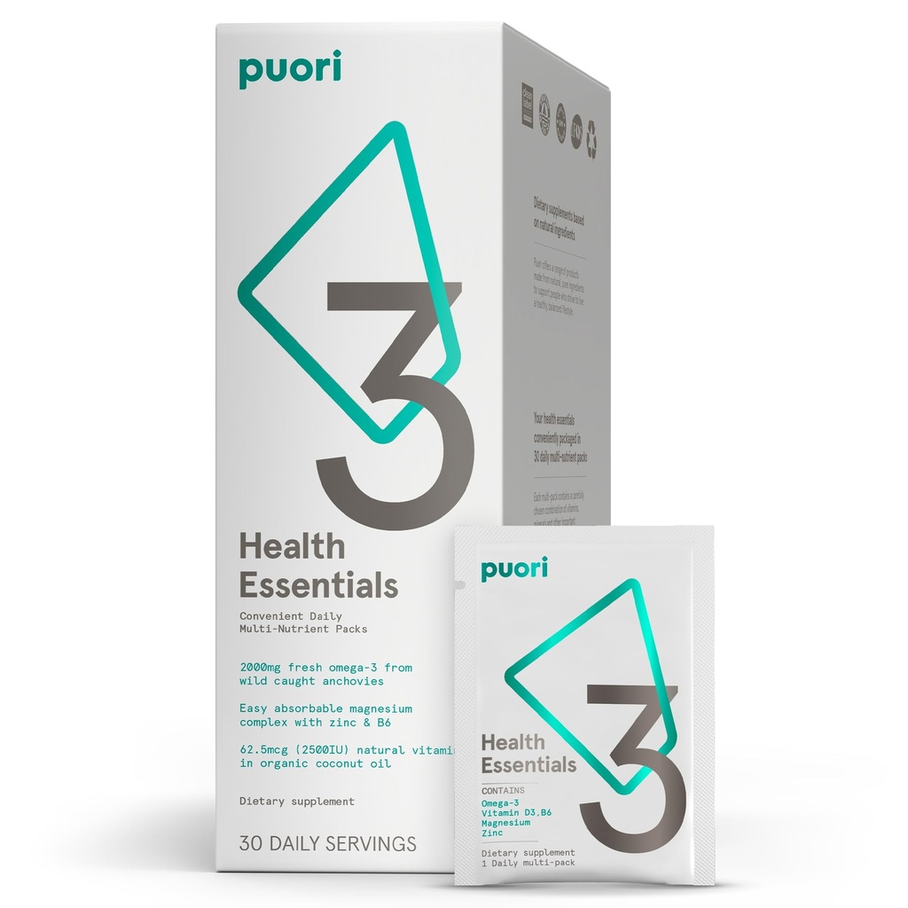 Puori P3 Zdravotní Essentials - Multivitamíny pro muže a ženy - 30 Servings - Omega 3, Vitamin D, hořčík, zinek - Multinutrient pro mozky a energii