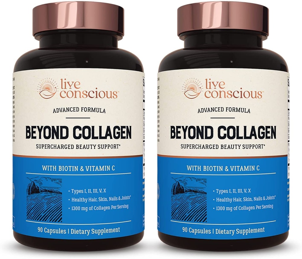 Live Conscious Beyond Collagen Multi Collagen Kapsle - Typy I, II, III, V & X IR 124; Hydrolyzované míchání s Biotin & Vitamin C pro vlasy, kůže, nehty 90 Kapsle (2-Pack)