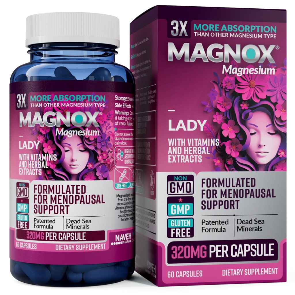 MAGNOX Lady Magnesium Dodatek 124; Menopauza a PMS Support Dodatek pro ženy 124; komplex hořčíku s vitamíny B6, B1, B12, D, zinek 124; high- Absorpce Dead Sea Organic Magnesium 124; 60 Kapsle