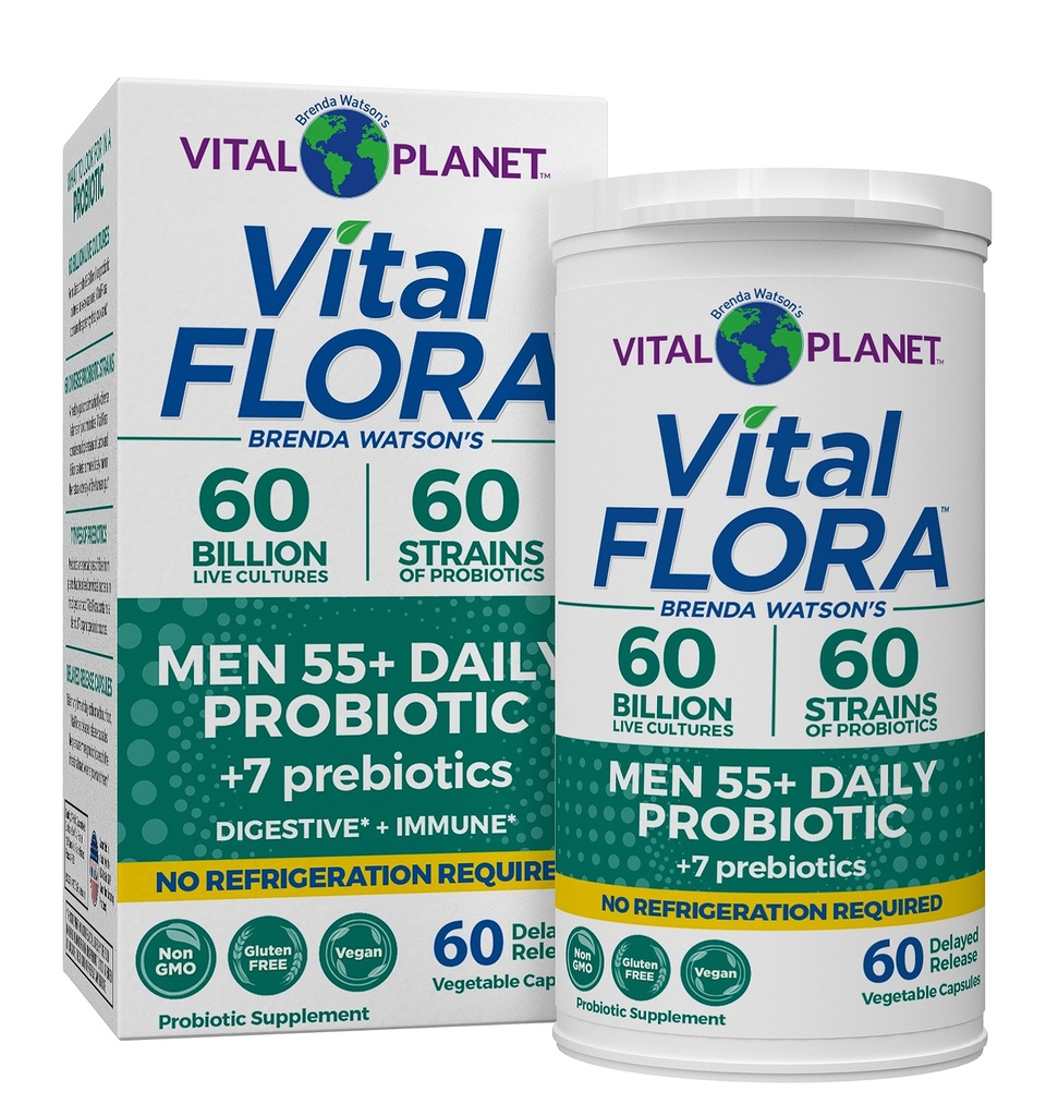 Vital Planet - Vital Flora Muži nad 55 Daily Probiotic, 60 Milionů CFU, Diverse Strains, Organic Prebiotics, Imunitní podpora, Digestive Health Secure Stabilní Probiotika pro muže, 60 Kapsle