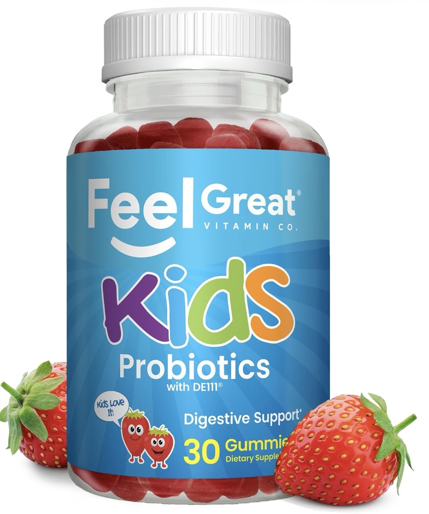 Feel Great USDA Organic Kids Probiotics Gummies CLAS124; Chewable Strawberry Probiotics for Digestive Health & Imunitation Support CLAS124; Plant based Probiotic & Prebiotic for Kids CLAS124; 30 Count