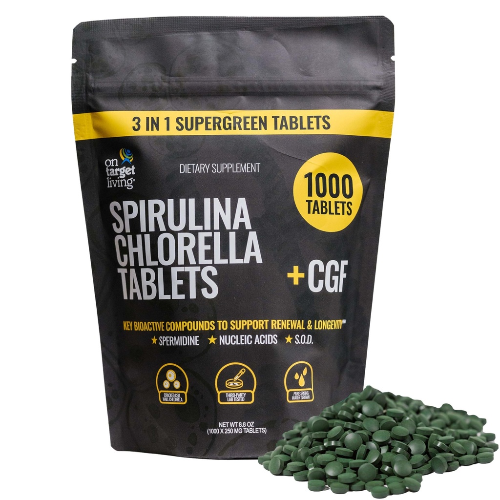 Na Target Living Spirulina Chlorella + CGF 124; 1000 Supergreen Tablety 124; Vegan 124; Imunitní podpora 124; Vysoká v proteinu 124; Alkalizace 124; Nutrient Dense 124; Energie 124; Recovery