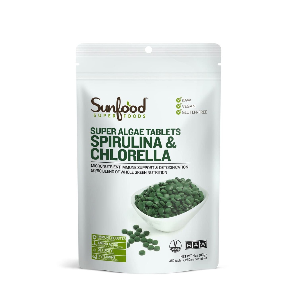 Sunfoods Superfoods Chlorella Spirulina Tablety - Spirulina a Chlorella Green Algae Tablety pro ženy a muže, Zdroj chlorofylu, B Vitamíny, a protein, Broken Cell Wall, Vegan - 4 oz Bag