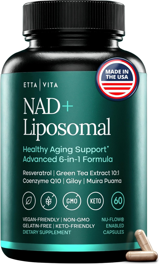 Liposomal NAD+ Supplement - Resveratrol, Urolithin A, CoQ10 & Giloy (Made in USA) NAD Supplement for Natural Energy, Brain Fog, Digestion, Detox, Gut Health, Microbiome, NR NMN Replacement