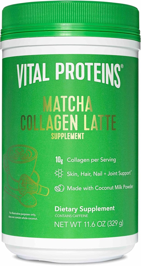 Vital Proteins Matcha Lattes, Matcha Green Tea Collagen Latte Powder, L- Theanine & Caffeine & MCTs - Podpora zdravé vlasy, kůže, nehty - Original