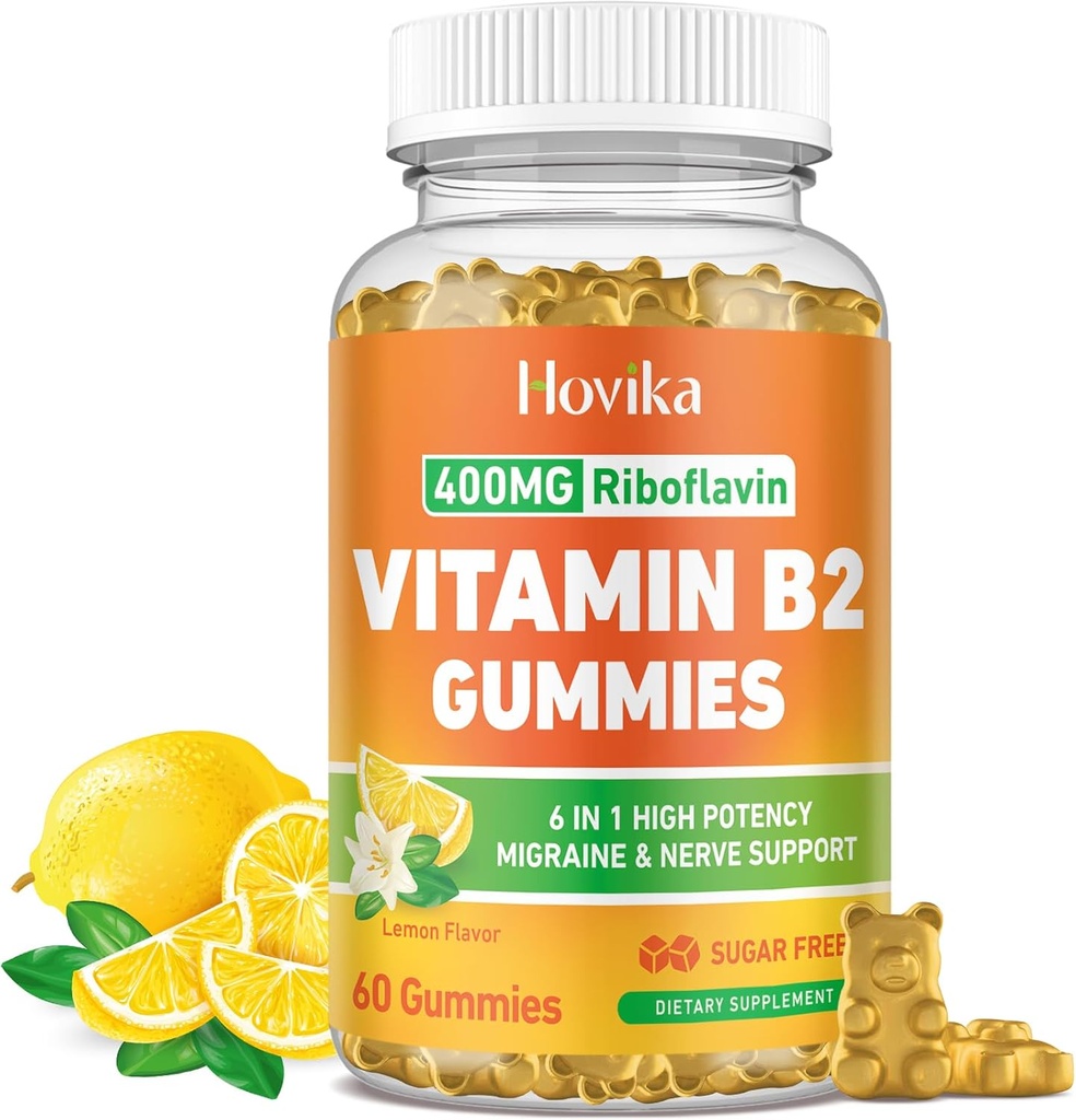 Vitamin B2 Gummies Riboflavin 400mg doplněk pro muže a ženy - Čistá hořčík, Ashwagandha, CoQ10, Omega 3, Vitamin B12 - Migréna Relief & Energy, Podpora nervového systému - Cukr zdarma, 60 Počet