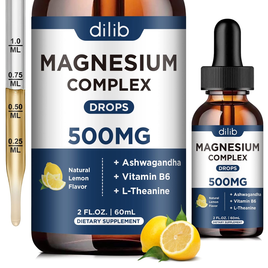 Magnesium Glycinát kapalné kapky, Triple Magnesium Komplex doplněk s citronem, Malate 500mg Ashwagandha, L-Theanine, Vitamin B6 pro spánek, klid, Stress Relief, kost, svalovina, nálada - Lemon Flavor