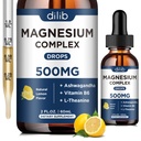 Magnesium Glycinát kapalné kapky, Triple Magnesium Komplex doplněk s citronem, Malate 500mg Ashwagandha, L-Theanine, Vitamin B6 pro spánek, klid, Stress Relief, kost, svalovina, nálada - Lemon Flavor