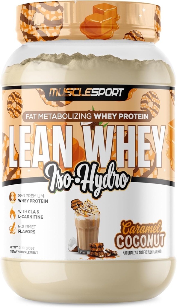 Musclesport Lean Whey Revolution ™ Protein Powder - Syrovátkový proteinový izolát - Nízká kalorie, Nízký karb, Nízké tuky, Neuvěřitelná chuť - 25g protein per Scoop (2LB, Kokosový karamel)