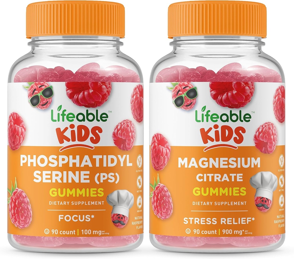 Živý fosfatidylserin (PS) Děti + Hořčík Děti, Gummies Bundle - Velký příchuť, dodatek k vitamínu, gluten zdarma, GMO zdarma, Žvýkací žlab