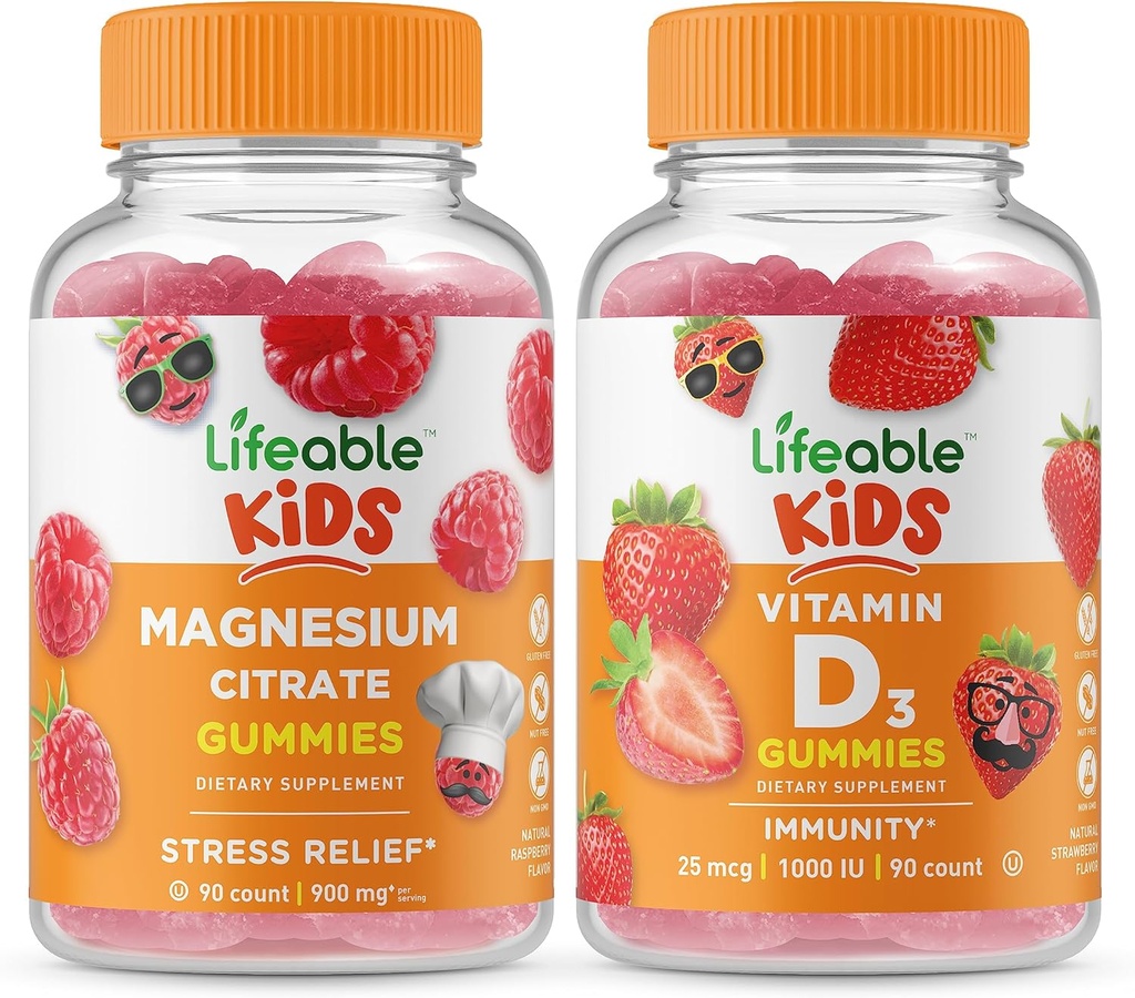 Lifeable Magnesium Kids + Vitamin D Kids, Gummies Bundle - Velký přípitek, dodatek k vitamínu, gluten zdarma, GMO zdarma, Žvýkací žlab