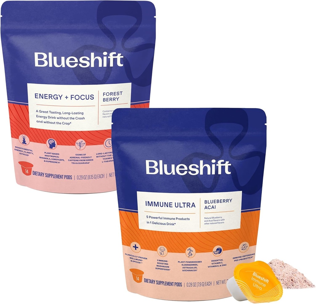 Blueshift Energy + Focus & Immunal Ultra Bundle - Energy Drink Pods, Immunication Support Powder, Drink Mixes for Energy & Imunitary Defense, Vitamin Supplement - Energy + Focus (14 Pack) & Immunitary Ultra (14 Pack)