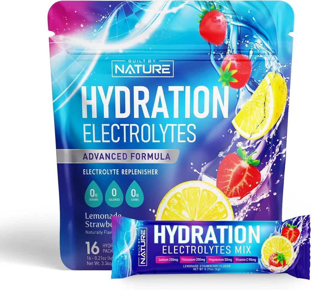 Elektrolyty Powder Hydration Packets - Recovery Drink Mix se sodíkem, Draslíkem, hořčík, vápník, vitamín C & zinek - Bez cukru, Keto, Non GMO & Vegan - Jahodová citronáda - 16 Nálepky