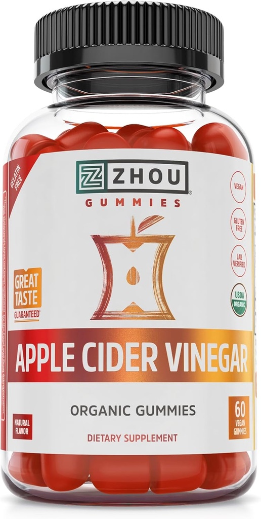 Zhou Apple Cider Ocet Gummies - ACV Gummies pro ženy a muže s bezinky, Delicious Taste with Raw Cane Sugar, USDA Organic - 60 Veganské gumy