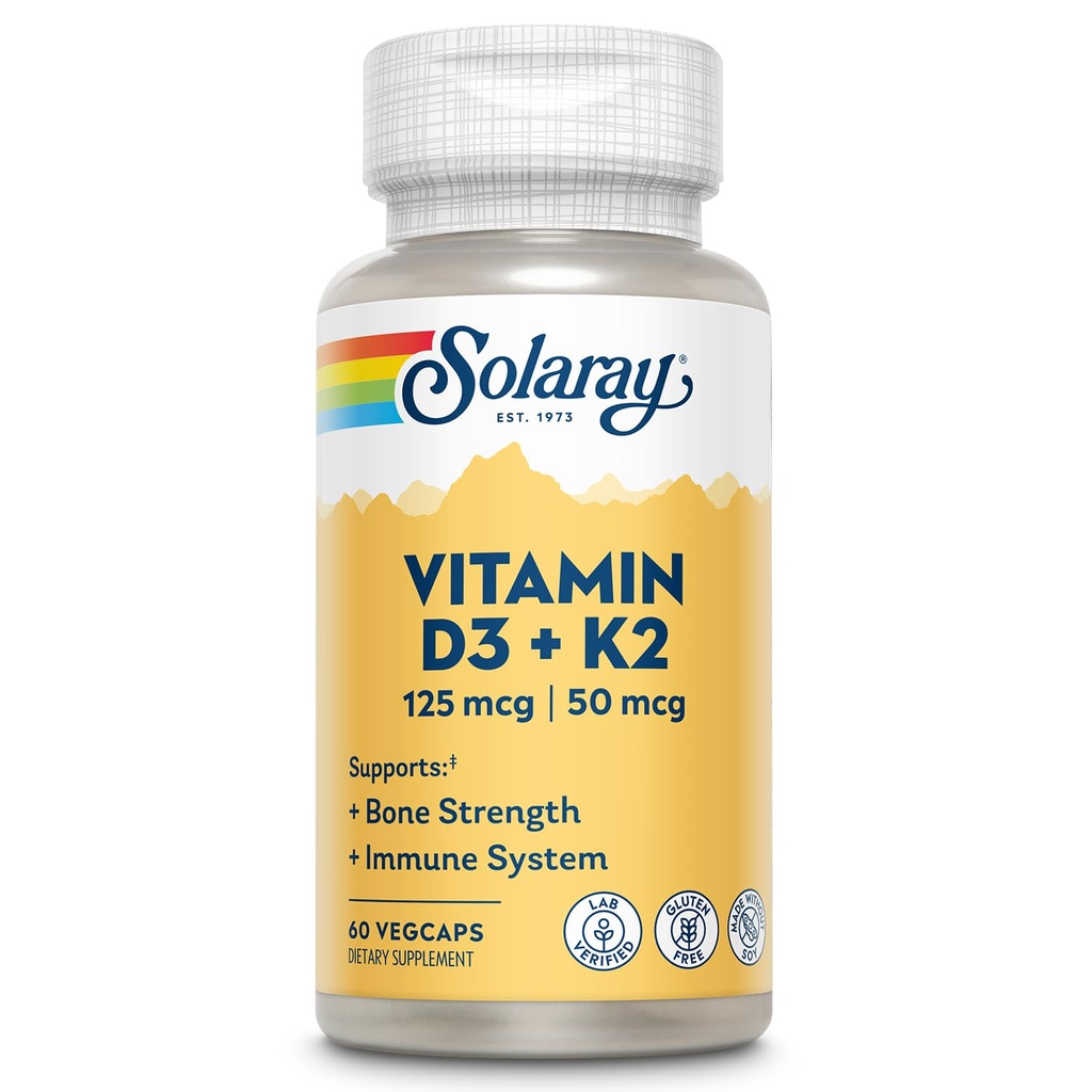 SOLARAY Vitamin D3 K2 - Kostní zdraví a imunitní podpora doplněk - s 5000 IU vitaminu D jako VIT D3 a 50 mcg vitaminu K2 jako Menochinon MK7, Made Without Soy, 60- Day Garance, 60 Serv, 60 VegCaps