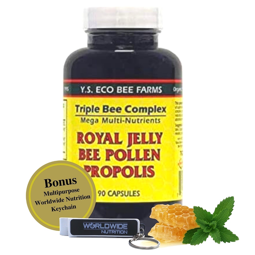 YS Organics Triple Bee Complex, Royal Jelly, Bee Pollen, Propolis - Moc přírody zabalené v 90 Kapsle s Bonus World Widenutrition Multi Účel Klíč Řetězec