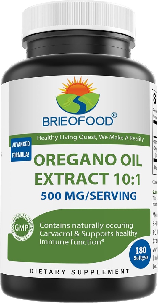 Briofood Oregano Oil 10: 1 Extrakt 500 mg na jedno podání - Obsahuje přirozeně ocuring karvacol - Zdravá imunitní funkce - 180 Softgels