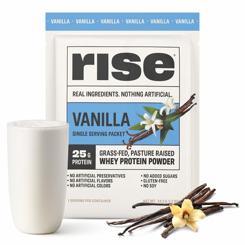 Rise Grass- Fed syrovátkový prášek - Vanilla current 124; 25g protein bez umělých příchutí, barev nebo konzervačních přísad - Cukr zdarma, gluten- zdarma, Soy zdarma (Single Serving, 1 Pack)