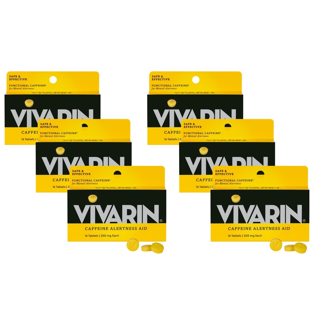 Vivarin, Kofeinové pilulky, 200mg kofein na dávku, Bezpečně a účinně vám pomůže zůstat vzhůru, žádný cukr, kalorií nebo skryté přísady, doplněk energie, 16 Tablety (6 Pack)