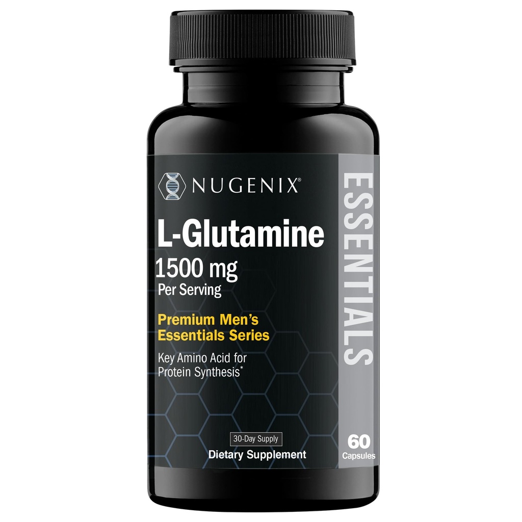 Nugenix Essentials L- glutamin, 1500mg 100% Botanický L- glutamin Amino Acid, Syntéza proteinů, Podporuje buněčnou funkci, 60 Kapsle